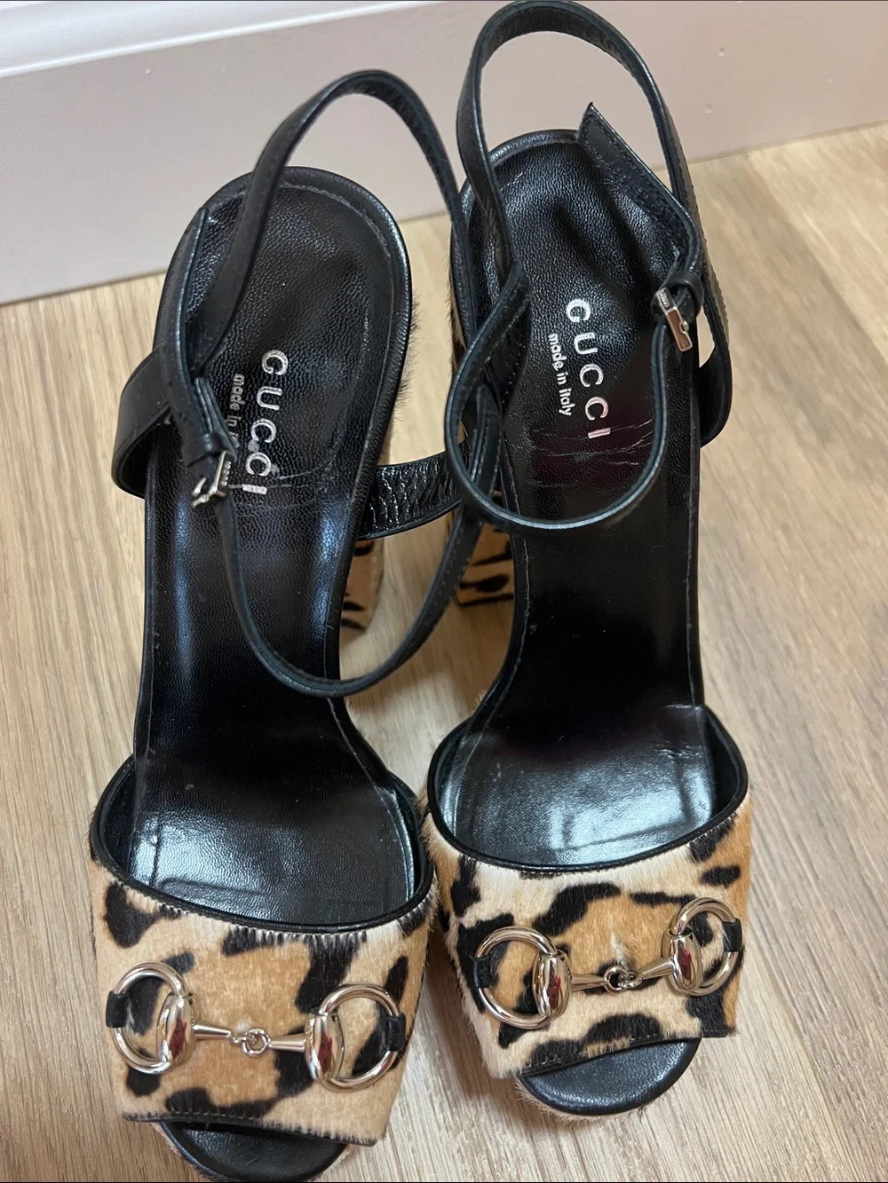 Authentic Gucci Leopard-Print Pony Hair Platform Sandals with Ankle Strap